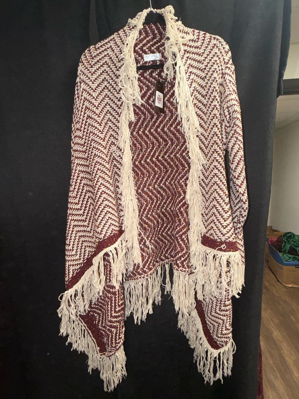 Women’s Fringe Open-Front Knit Cardigan Sweater - Burgundy & Cream